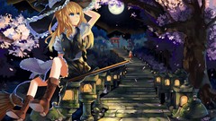 Trees night moon dress hats sitting red dress lanterns bows 