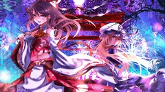 Trees night moon gate dress hats navel staff red eyes Ribbons 