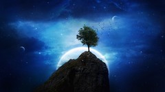 Trees night Mountains moon Birds planets