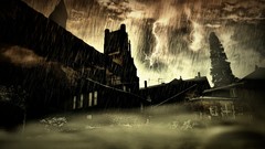 Trees night rain dark houses artwork