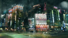 Trees night rain moon cars Tokyo Japanese Taxi roads buildings 