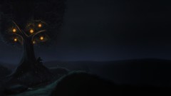 Trees night silhouettes lonely lanterns artwork