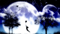 Trees night Stars children Balloons silhouettes planets outer 