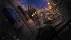 Trees night Stars clouds lights Plants Anime rings sitting 