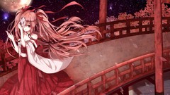 Trees night Stars moon red eyes Ribbons Bridges masks long hair 