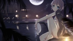 Trees night water moon hats barefoot anime girls blue eyes gray 