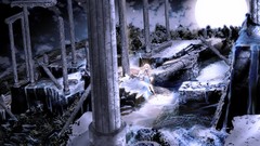 Trees night water Stars clouds moon ruins dress columns sitting 