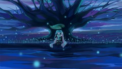 Trees night water woman tie long hair blue eyes hatsune miku 