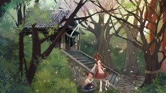 Trees outdoors anime girls hakurei reimu touhou ibuki suika 