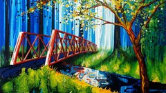 Trees paintings Bridges buildings cityscapes artwork 
