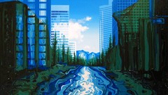 Trees paintings buildings rivers cityscapes artwork traditional 