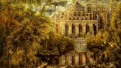 Trees palace paintings architecture reflections arches cities 