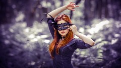 Trees purple woman feathers faces bokeh masks redheads blurred 