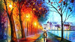 Trees rain couple Umbrellas Leonid Afremov Parks houses rivers 