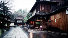 Trees rain Japan Asia houses cityscapes