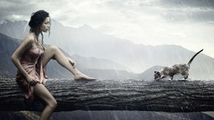 Trees rain woman cats