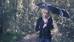 Trees rain woman jeans Umbrellas wet blondes forests necklaces