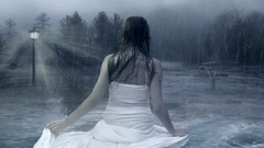 Trees rain woman twilight long hair brunettes back view white 