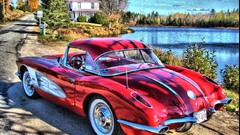 Trees red cars Chevrolet roads lakes houses vehicles classic 