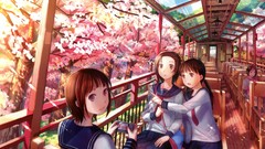 Trees red eyes Cameras sitting schoolgirls multicolor long hair 