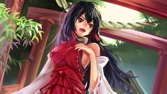 Trees red eyes Ropes long hair bare shoulders touhou black hair 