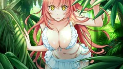 Trees red white Plants anime girls yellow eyes open mouth bikini