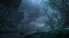 Trees ruins rivers League of Legends spooky digital art