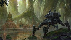 Trees ruins Robots futuristic