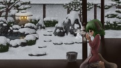 Trees snow dress blush barefoot anime girls green eyes short 