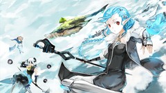 Trees snow fly water Stars clouds sky Anime staff white hair 