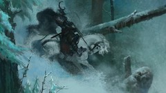 Trees snow Horses paintings Warriors fantasy art