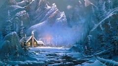 Trees snow Mountains ice houses christmas tree rivers