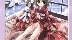 Trees snow winter Anime red dress kimono bows pink eyes anime 