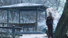 Trees snow winter branches Umbrellas Makoto Shinkai gazebo 