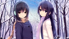 Trees snow winter coat scarfs long hair anime girls brown eyes 