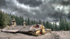 Trees snow winter cold Flags houses snowy road man-made