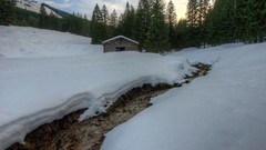 Trees snow winter cottage little rivers