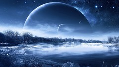 Trees snow winter Creative design the sky planets digital art 