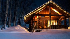 Trees snow winter lights steps cabin