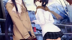 Trees snow winter Mountains clouds Birds railing Bags gloves 