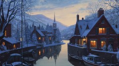 Trees snow winter night light Boats houses vehicles