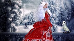 Trees snow winter night moon Dogs white hair red dress Owls 