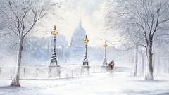 Trees snow winter paintings buildings lovers footprint artwork 