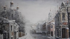 Trees snow winter paintings Russia houses streets
