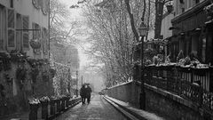 Trees snow winter street couple Umbrellas monochrome street 