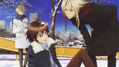 Trees snow winter text sitting coat buildings belts pants 