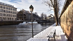 Trees snow winter wall ships bench architecture buildings 