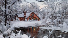 Trees snow winter water cold light lakes reflections cabin 