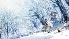 Trees snow winter water dress hats red eyes Ribbons smiling 