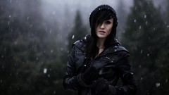 Trees snow woman hats gloves jackets brunettes models Leather 